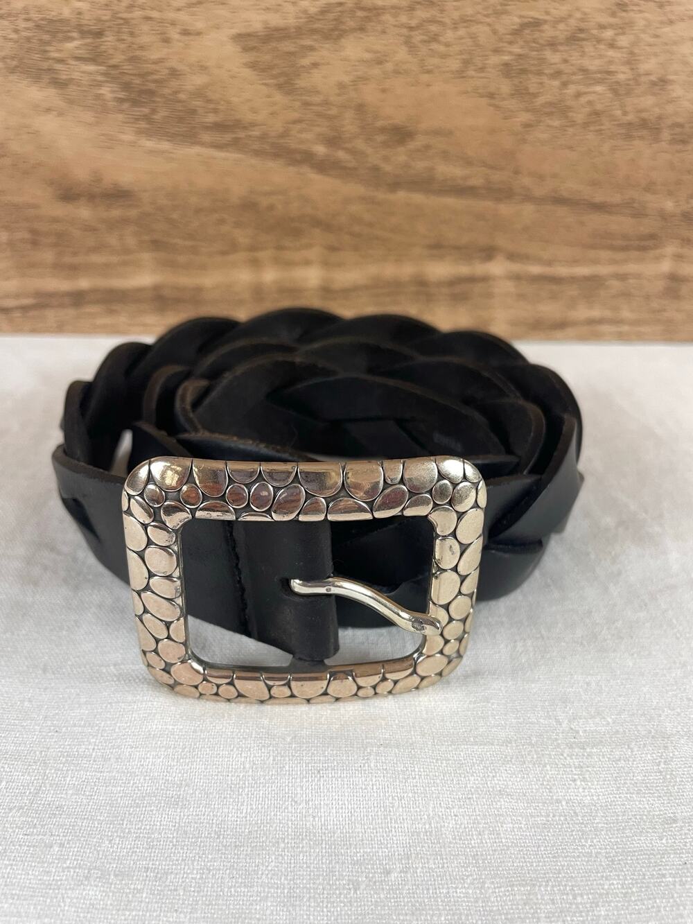 Vintage Brighton Black Woven Leather Belt 34 Silver Western Buckle